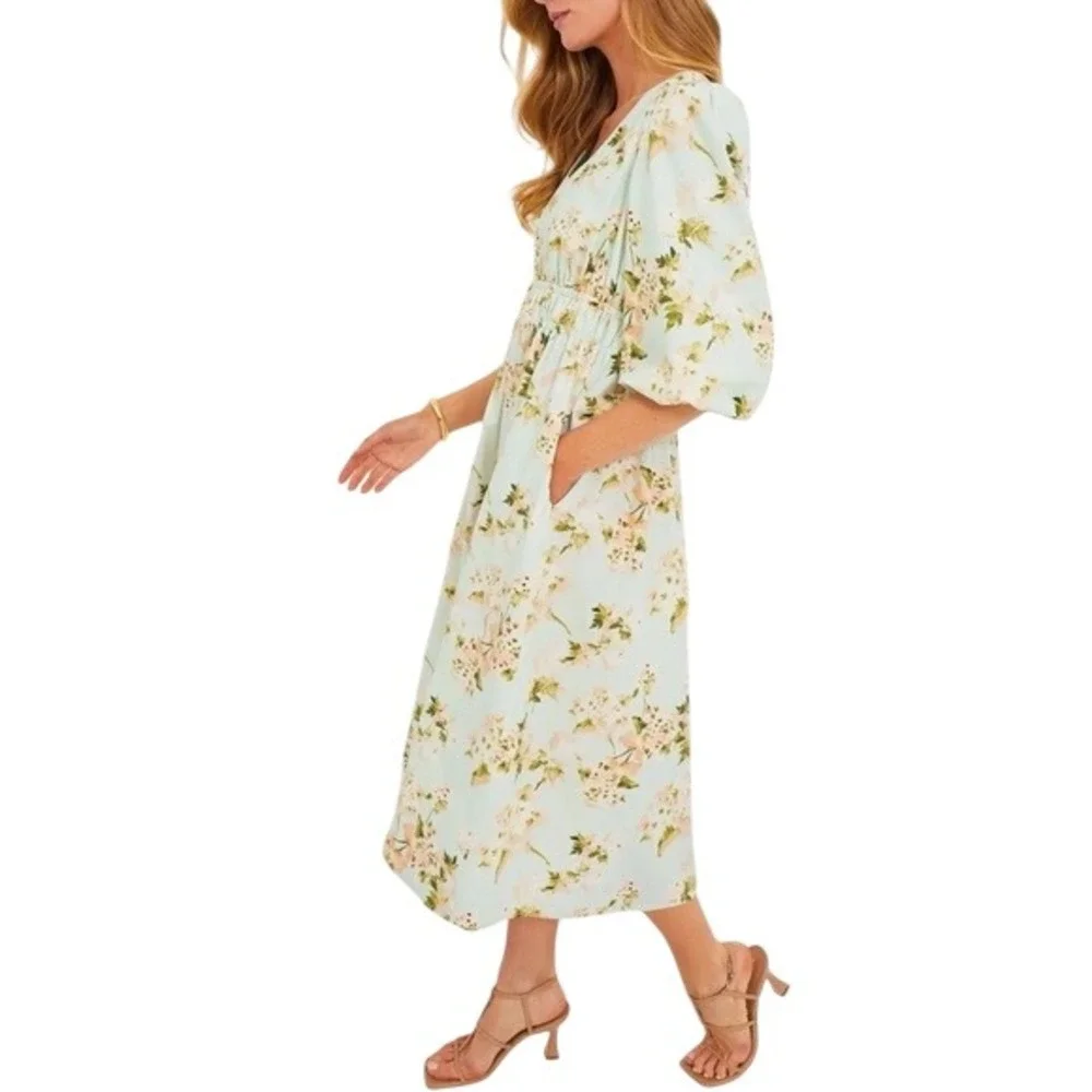 Tuckernuck‎ Marlena Floral Midi Dress Puff Sleeve Women's Medium Wedding Guest